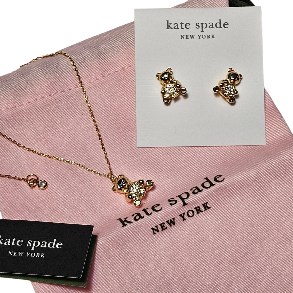 KATE SPADE Oh What Fun Teddy Bear Pendant Necklace & Stud Earrings Set